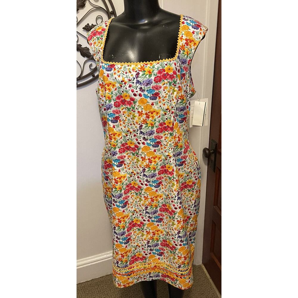 Size 16 Spenser Jeremy New Floral Cotton Dress Rickrack Trim Retro Style - Picture 3 of 9